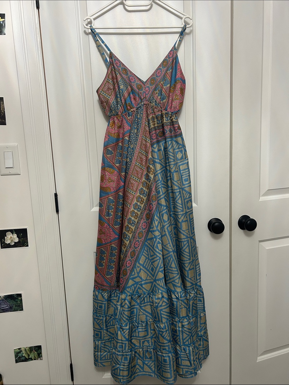 Bohemian Patchwork Print Maxi Dress - Pink & Blue